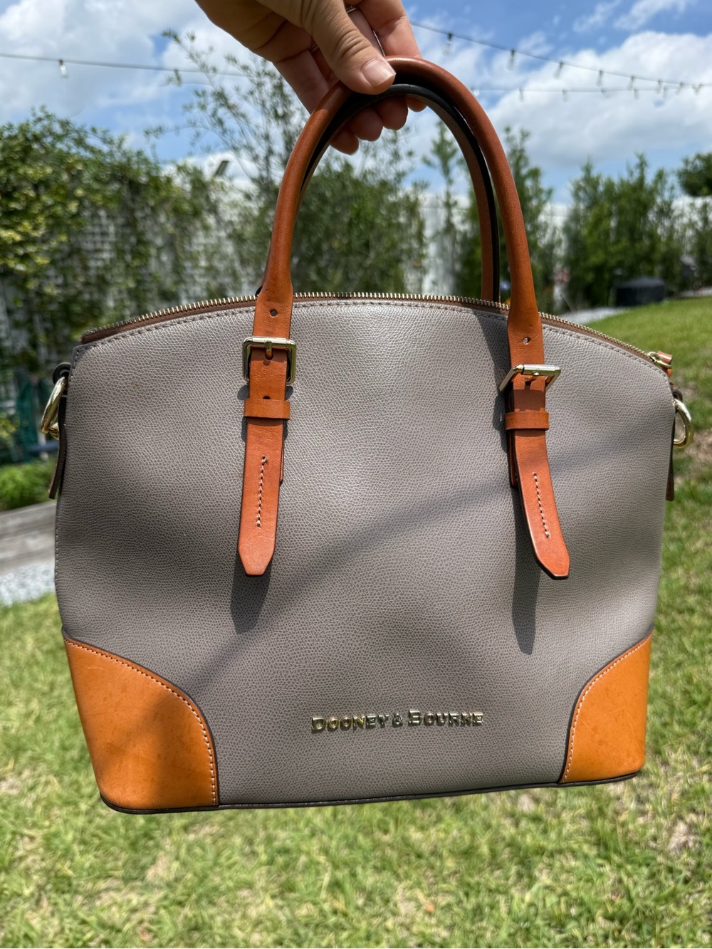 Dooney & Bourke Claremont Dome Taupe Leather Satchel with Tan Trim